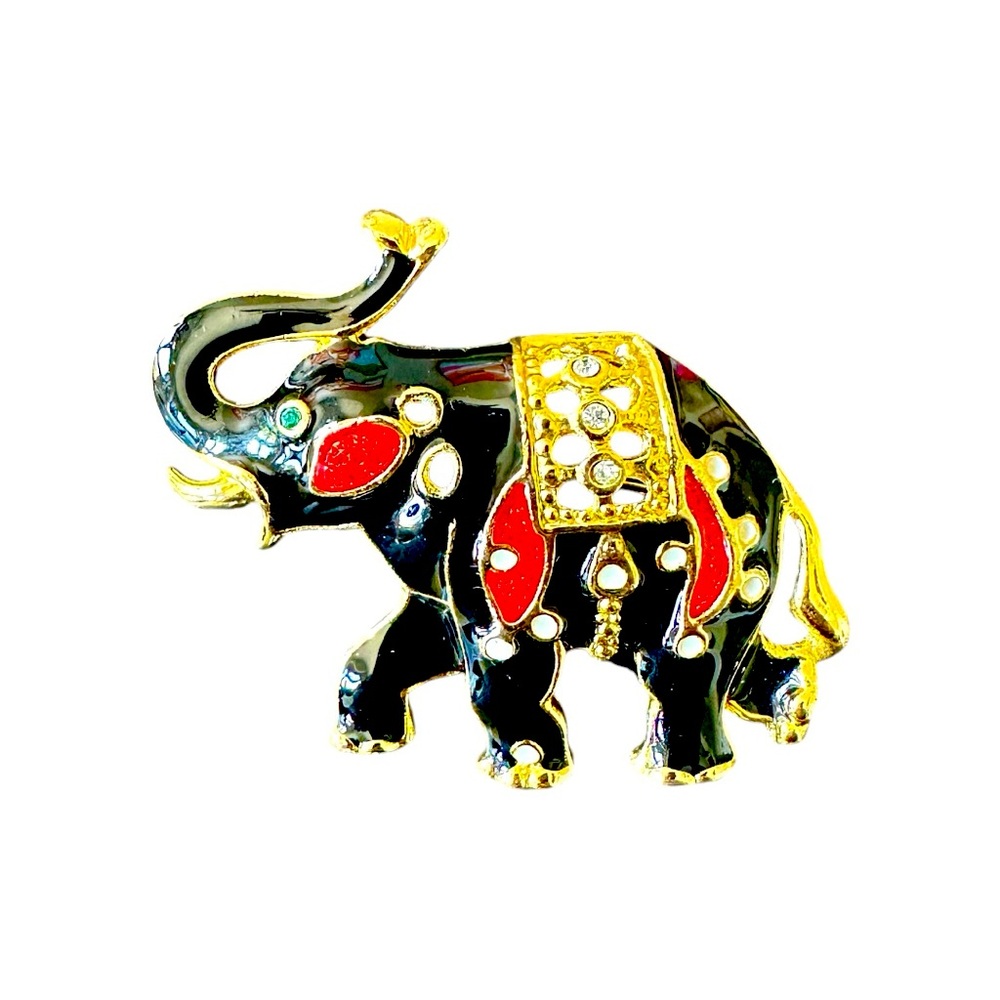 Glossy Black Elephant Vintage Rhinestone Brooch Pin